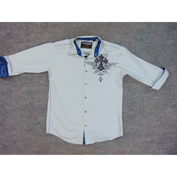 Lamasini Premium Shirt Mens Small Light Blue Cross Embroidered Western Cowboy - Picture 2 of 8